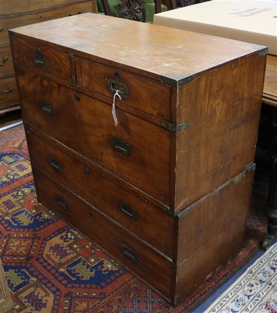 A Victorian brass mounted teak campaign chest, fitted five drawers W.99cm D.45cm H.92cm